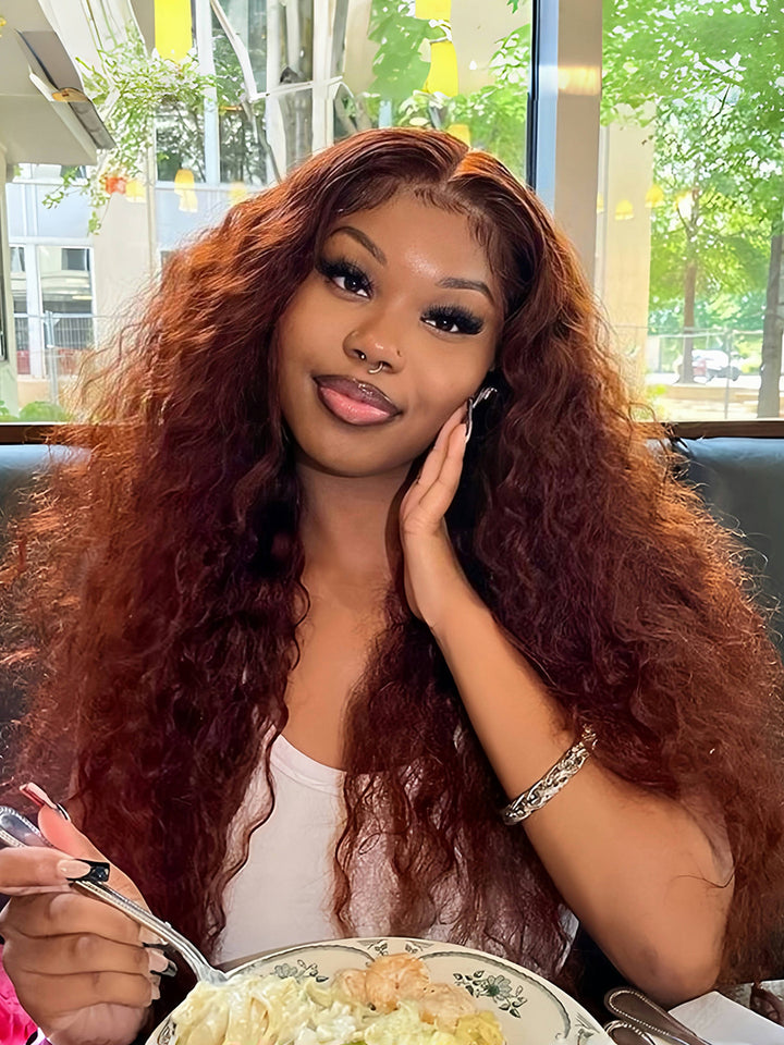 Explosion Reddish Brown 7x7 Kinky Curly Wig Invisible Knot Pre-Plucked