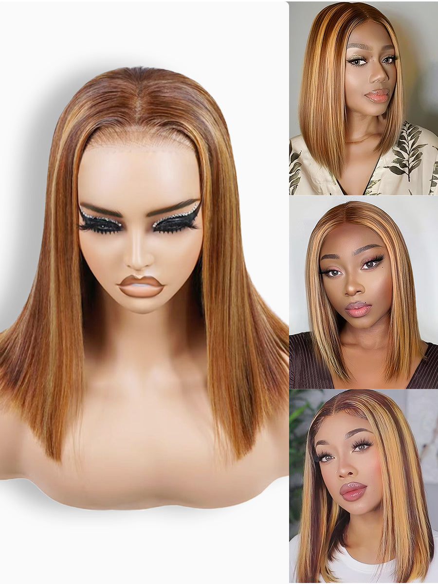 Ready & Go 5x5 Pre Cut Lace  Honey Blonde Highlight Straight Bob Wig Invisible Knot