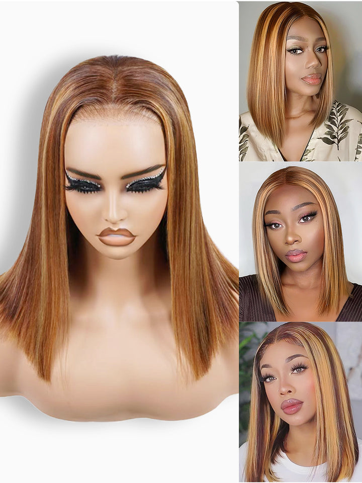 Ready & Go 5x5 Pre Cut Lace  Honey Blonde Highlight Straight Bob Wig Invisible Knot