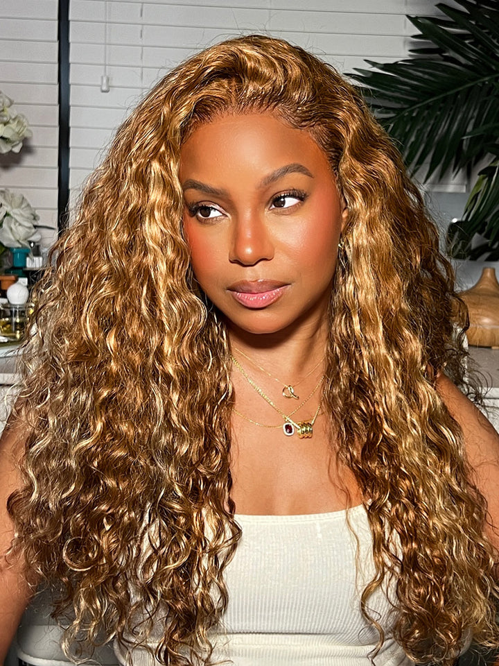 Explosion 7x7 Highlights Blonde and Brown Water Wave Wigs Invisible Knot