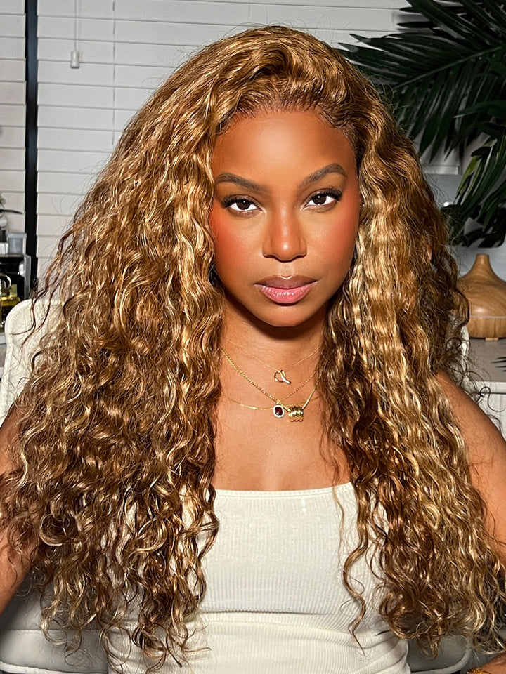 Explosion 7x7 Highlights Blonde and Brown Water Wave Wigs Invisible Knot