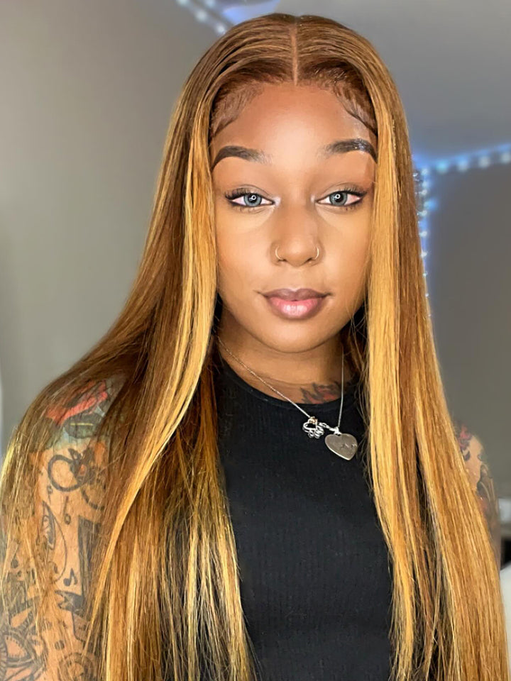Explosion 7x7 Highlights Blonde and Brown Straight Wigs Invisible Knot Pre-Pulled