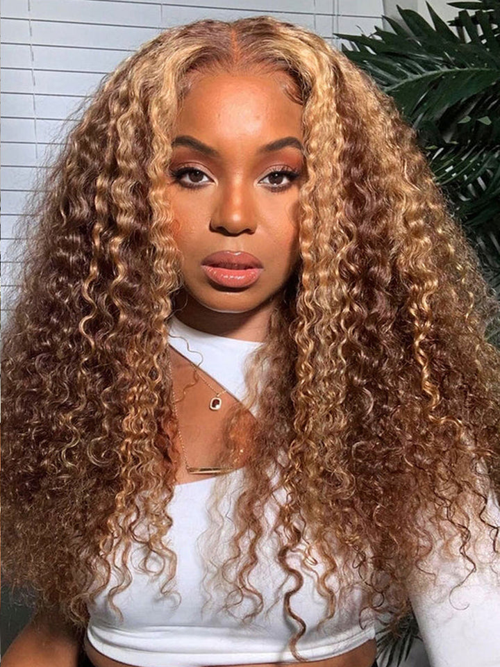 Explosion 7x7 Highlights Blonde and Brown Kinky Curly Wig Invisible Knot Pre-Pulled